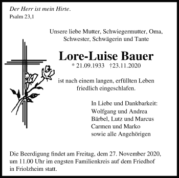 Traueranzeige von Lore-Luise Bauer von Leonberger Kreiszeitung / Strohgäu Extra