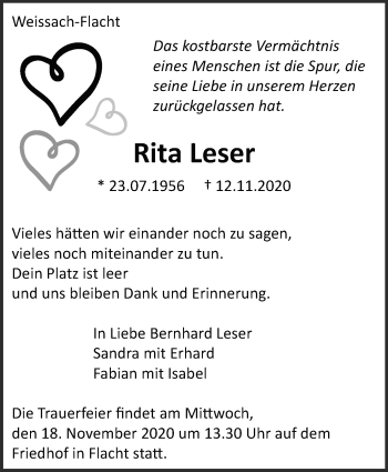 Traueranzeige von Rita Leser von Leonberger Kreiszeitung / Strohgäu Extra