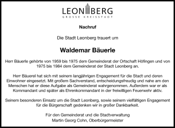 Traueranzeige von Waldemar Bäuerle von Leonberger Kreiszeitung / Strohgäu Extra