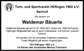 Traueranzeige von Waldemar Bäuerle von Leonberger Kreiszeitung / Strohgäu Extra