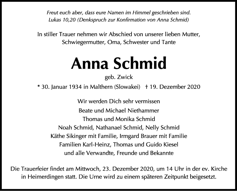  Traueranzeige für Anna Schmid vom 22.12.2020 aus Leonberger Kreiszeitung / Strohgäu Extra