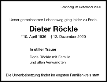Traueranzeige von Dieter Röckle von Leonberger Kreiszeitung / Strohgäu Extra