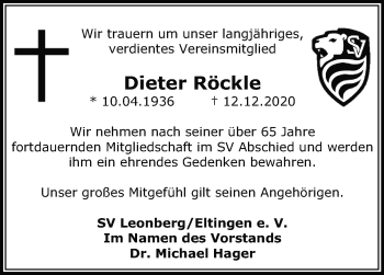 Traueranzeige von Dieter Röckle von Leonberger Kreiszeitung / Strohgäu Extra