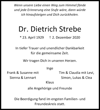 Traueranzeige von Dietrich Strebe von Leonberger Kreiszeitung / Strohgäu Extra