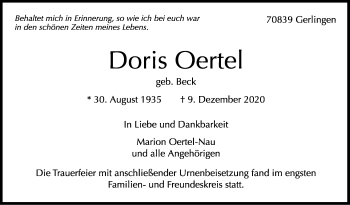 Traueranzeige von Doris Oertel von Leonberger Kreiszeitung / Strohgäu Extra