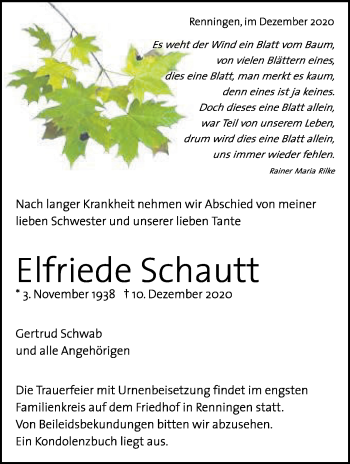 Traueranzeige von Elfriede Schautt von Leonberger Kreiszeitung / Strohgäu Extra
