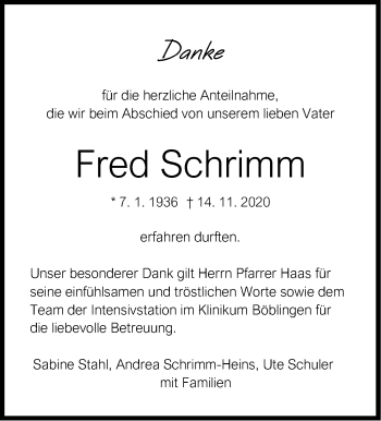 Traueranzeige von Fred Schrimm von Leonberger Kreiszeitung / Strohgäu Extra