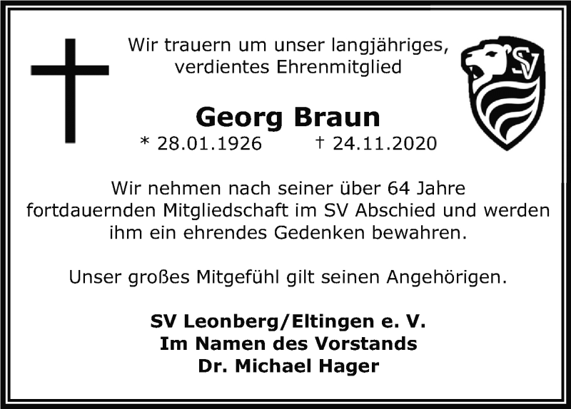 Traueranzeige für Georg Braun vom 12.12.2020 aus Leonberger Kreiszeitung / Strohgäu Extra