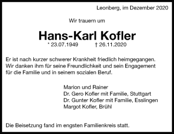 Traueranzeige von Hans-Karl Kofler von Leonberger Kreiszeitung / Strohgäu Extra