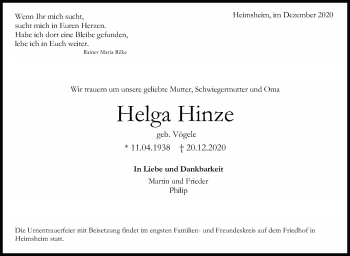 Traueranzeige von Helga Hinze von Leonberger Kreiszeitung / Strohgäu Extra