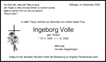 Traueranzeige von Ingeborg Volle von Leonberger Kreiszeitung / Strohgäu Extra