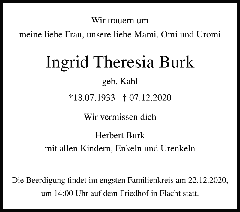  Traueranzeige für Ingrid Theresia Burk vom 15.12.2020 aus Leonberger Kreiszeitung / Strohgäu Extra