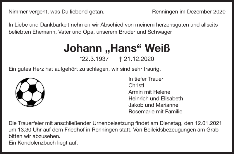  Traueranzeige für Johann Weiß vom 29.12.2020 aus Leonberger Kreiszeitung / Strohgäu Extra