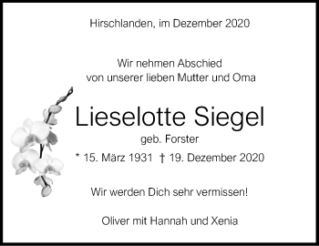 Traueranzeige von Lieselotte Siegel von Leonberger Kreiszeitung / Strohgäu Extra