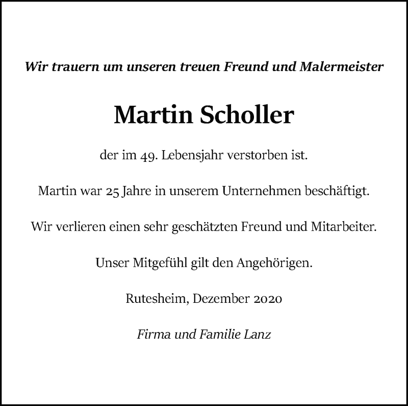  Traueranzeige für Martin Scholler vom 23.12.2020 aus Leonberger Kreiszeitung / Strohgäu Extra
