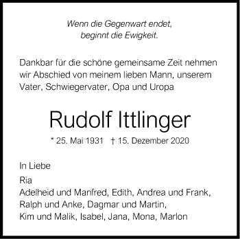 Traueranzeige von Rudolf Ittlinger von Leonberger Kreiszeitung / Strohgäu Extra