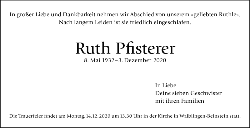  Traueranzeige für Ruth Pfisterer vom 11.12.2020 aus Leonberger Kreiszeitung / Strohgäu Extra