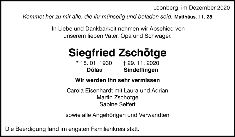  Traueranzeige für Siegfried Zschötge vom 12.12.2020 aus Leonberger Kreiszeitung / Strohgäu Extra