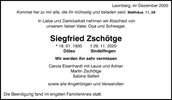 Traueranzeige von Siegfried Zschötge von Leonberger Kreiszeitung / Strohgäu Extra