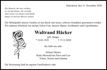 Traueranzeige von Waltraud Häcker von Leonberger Kreiszeitung / Strohgäu Extra