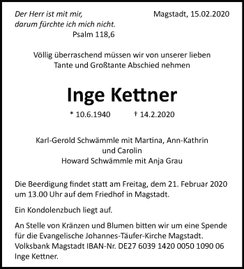 Traueranzeige von Inge Kettner von Leonberger Kreiszeitung / Strohgäu Extra