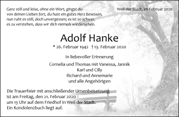 Traueranzeige von Adolf Hanke von Leonberger Kreiszeitung / Strohgäu Extra