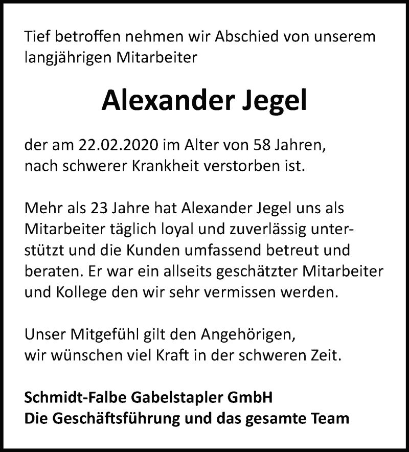  Traueranzeige für Alexander Jegel vom 28.02.2020 aus Leonberger Kreiszeitung / Strohgäu Extra
