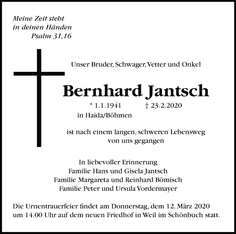  Traueranzeige für Bernhard Jantsch vom 29.02.2020 aus Leonberger Kreiszeitung / Strohgäu Extra