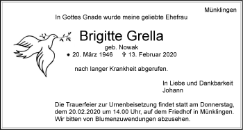 Traueranzeige von Brigitte Grella von Leonberger Kreiszeitung / Strohgäu Extra