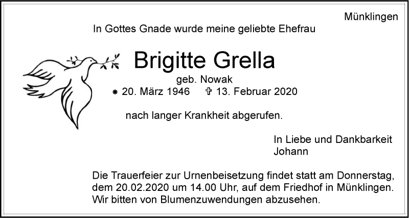  Traueranzeige für Brigitte Grella vom 15.02.2020 aus Leonberger Kreiszeitung / Strohgäu Extra