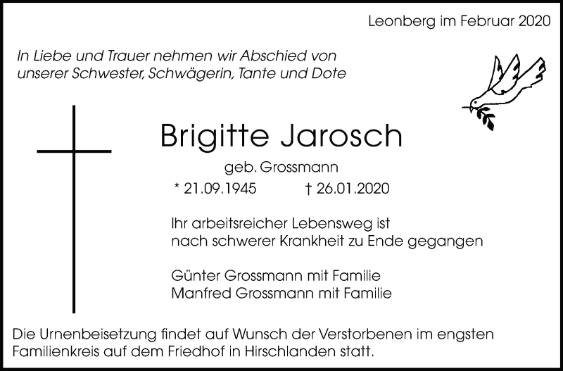  Traueranzeige für Brigitte Jarosch vom 01.02.2020 aus Leonberger Kreiszeitung / Strohgäu Extra