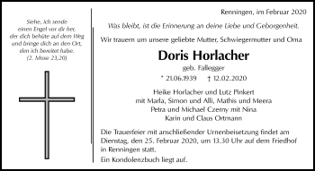 Traueranzeige von Doris Horlacher von Leonberger Kreiszeitung / Strohgäu Extra