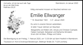 Traueranzeige von Emilie Ellwanger von Leonberger Kreiszeitung / Strohgäu Extra