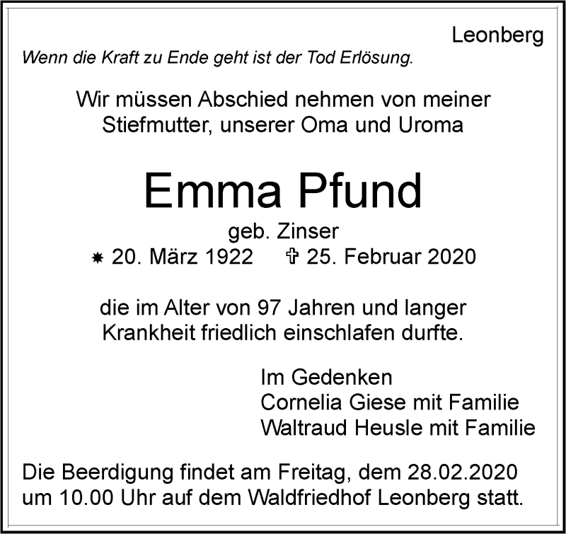  Traueranzeige für Emma Pfund vom 28.02.2020 aus Leonberger Kreiszeitung / Strohgäu Extra