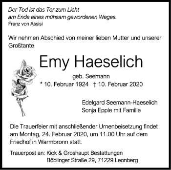 Traueranzeige von Emy Haeselich von Leonberger Kreiszeitung / Strohgäu Extra