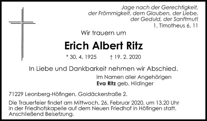  Traueranzeige für Erich Albert Ritz vom 22.02.2020 aus Leonberger Kreiszeitung / Strohgäu Extra