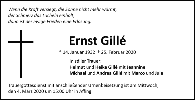  Traueranzeige für Ernst Gillé vom 28.02.2020 aus Leonberger Kreiszeitung / Strohgäu Extra