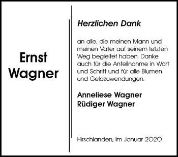 Traueranzeige von Ernst Wagner von Leonberger Kreiszeitung / Strohgäu Extra