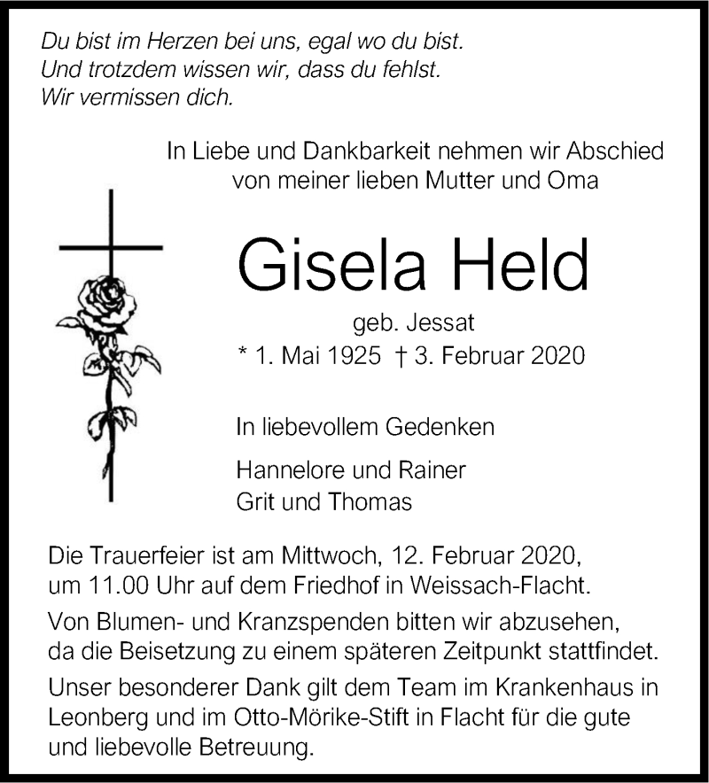 Traueranzeige für Gisela Held vom 07.02.2020 aus Leonberger Kreiszeitung / Strohgäu Extra