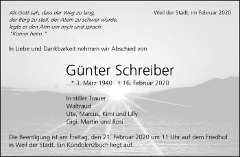 Traueranzeige von Günter Schreiber von Leonberger Kreiszeitung / Strohgäu Extra