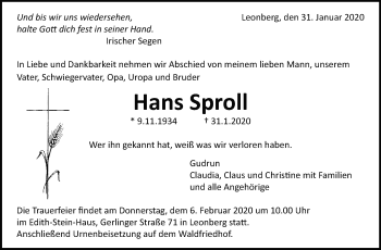 Traueranzeige von Hans Sproll von Leonberger Kreiszeitung / Strohgäu Extra