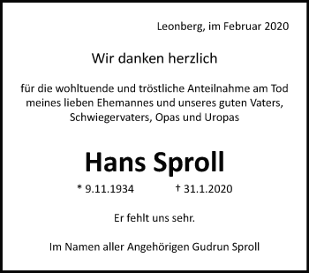 Traueranzeige von Hans Sproll von Leonberger Kreiszeitung / Strohgäu Extra