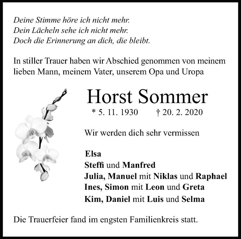  Traueranzeige für Horst Sommer vom 29.02.2020 aus Leonberger Kreiszeitung / Strohgäu Extra