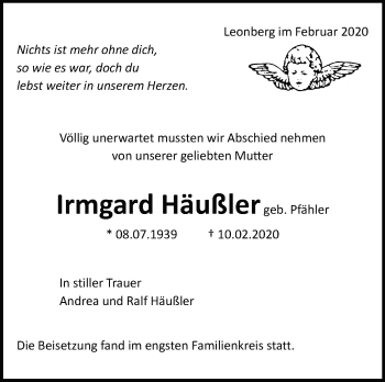 Traueranzeige von Irmgard Häußler von Leonberger Kreiszeitung / Strohgäu Extra