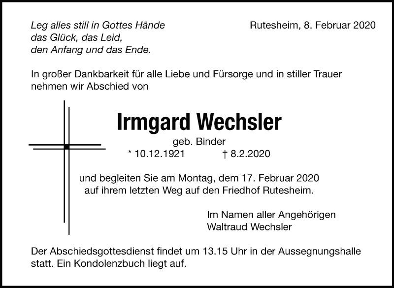  Traueranzeige für Irmgard Wechsler vom 13.02.2020 aus Leonberger Kreiszeitung / Strohgäu Extra