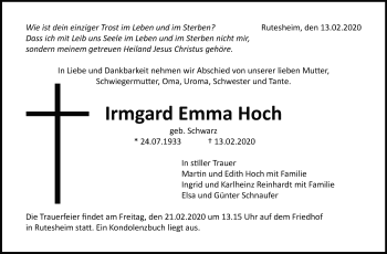 Traueranzeige von Irmgard Emma Hoch von Leonberger Kreiszeitung / Strohgäu Extra