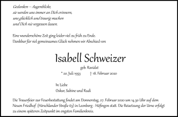 Traueranzeige von Isabell Schweizer von Leonberger Kreiszeitung / Strohgäu Extra
