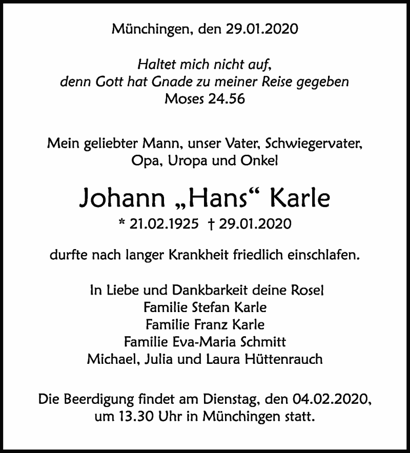  Traueranzeige für Johann  Karle vom 01.02.2020 aus Leonberger Kreiszeitung / Strohgäu Extra