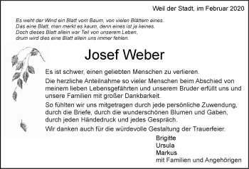 Traueranzeige von Josef Weber von Leonberger Kreiszeitung / Strohgäu Extra