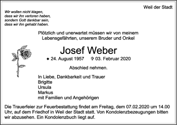 Traueranzeige von Josef Weber von Leonberger Kreiszeitung / Strohgäu Extra